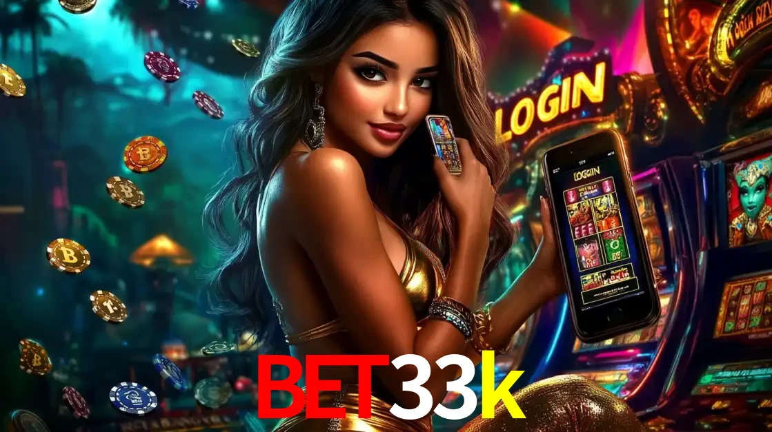 Mulher em um cenário de cassino temático de aventura, mostrando o app de caça-níqueis da bet33k no celular. Fichas de apostas flutuam ao redor.