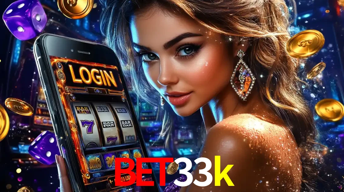 Mulher glamorosa segurando um smartphone com a tela de login para os jogos de caça-níqueis do cassino online bet33k, com moedas de ouro e dados ao redor.