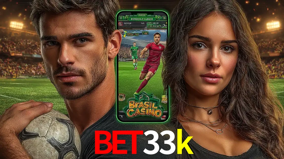Homem segurando uma bola de futebol e uma mulher ao lado de um smartphone exibindo o jogo de apostas esportivas da bet33k. Faça seu palpite no cassino online.
